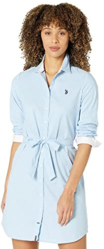 U.S. Polo Assn. Long Sleeve Solid Stretch Oxford Dress - Dress for Women - Long Sleeves - Shirttail Hem Classic Blue MD One Size