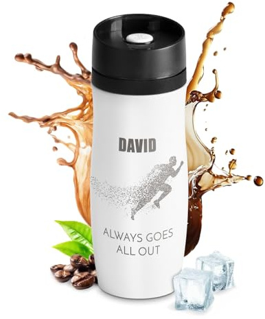 Maverton Personalised Travel Mug, Engraved Isolation Mug, Runner | Thermal White Tumbler, Coffee and Tea Thermos, Vacuum Insulated Stainless Steel Cup, Birthday Gift for a Man