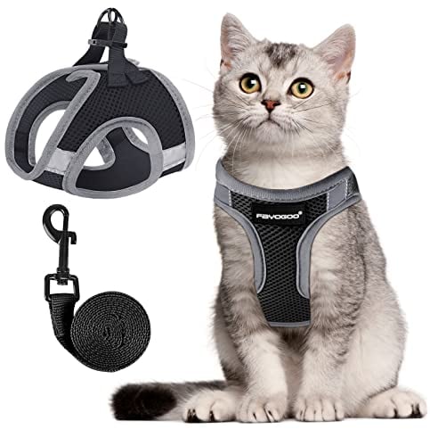 FAYOGOO Katzengeschirr Ausbruchsicher mit Leine, Katzengeschirr Fluchtsicher & Verstellbar Katzenleine mit Reflektorstreifen für Nächtliche Sicher & Bequem für Katzen, Schwarz L