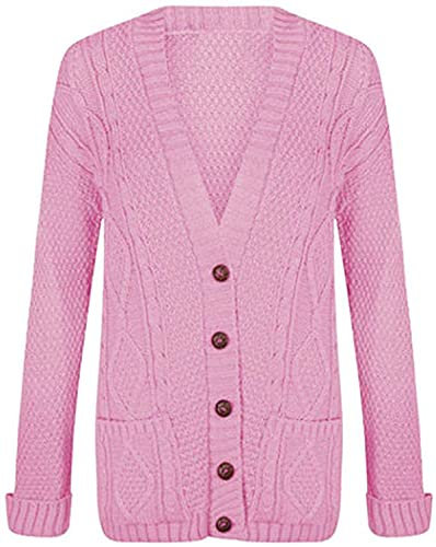 Purple Hanger New Womens Everyday Long Sleeve Button Top Ladies Chunky Aran Cable Knit Grandad Cardigan (16-18, Baby Pink)