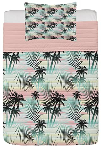 ABAKUHAUS Hawaii Mikrofaser Tagesdecken Set, Sommer Palmen Farn, weiches Bettwäscheset mit Kissenbezügen und Steppdecke, 170 cm x 220 cm, Rosa Teal