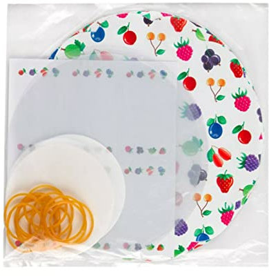 Vsorce4u 1 x 1lb Jar Fruit or Gingham Design Jam Pot Covers Set - For Jar Preserves Jam Chutney Pickle With Covers, Labels, Wax Discs, Transparent Discs & Elastic Bands