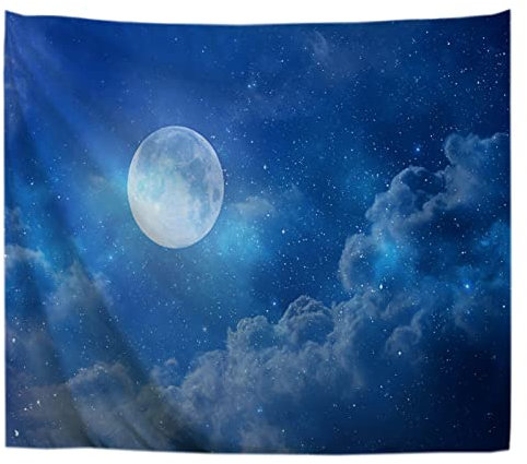 A.Monamour Wandteppiche Wanddekor Vollmond Im Blauen Sternenhimmel Weiße Wolken Sterne Astrologie Stoff Wandtuch Wandbehang Wandkunst Wandbilder für Schlafzimmer Schlafsaal Wohnzimmer 130x153cm