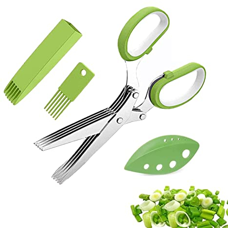 Kräuterscheren-Set, 5-Klingen-Mehrzweck-Kräuterschere, Gemüseschere Edelstahl mit 5 Klingen und Reinigungsbürste, Scheren mit Reinigung Kamm Messerabdeckung, Geeignet für Küche(Grün)