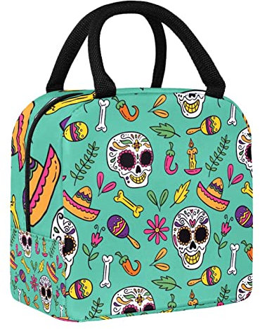 Isolierte Lunchtasche, Happy Skull Mexican Elements Grün Wasserabweisend Lunchbox Auslaufsichere Kühltasche Große Meal Prep Tasche für Teenager Mädchen Jungen Unisex Erwachsene
