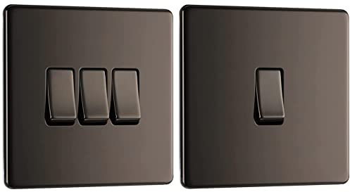 BG Electrical Screwless Flat Plate Triple Light Switch, Black Nickel, 2-Way, 10AX & fbn12 Screwless Flat Plate Single Light Switch, Black Nickel, 2-Way, 16AX, 2.0 cm*2.0 cm*2.0 cm