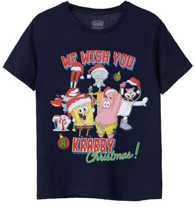 SPONGEBOB SQUAREPANTS Kids Christmas T-Shirt | Boys & Girls Krabby Christmas Short Sleeve Seasonal Graphic Tee | Patrick Squidward Sandy Mr Krabs Gary Navy Festive Top | Xmas Merchandise Gift