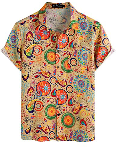 LucMatton Hawaiihemden für Herren, Baumwolle, Leinen, traditionelle Motive, Kurzarm, Knopfleiste, Khaki, XL