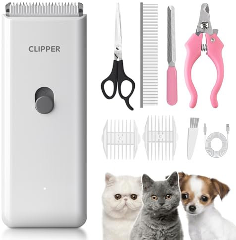 Professional Dog Grooming Kit-Dog Clipper Set for Thick/Heavy Hairs,Waterproof Cat Clippers Grooming Kit Rechargeable Pet Hair Clippers Shavers Set for Puppy, Rabbits, Cats,White