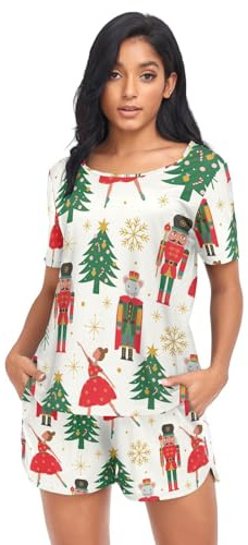 linqin Womens Pajama Sets Comfy Summer Lounge Sets Christmas Tree Nutcracker Pajamas Shirt for Women Pajama Set