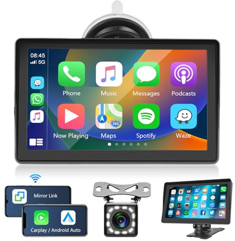 Display Carplay y Android Auto Inalámbrico, Pantalla Coche 7 Pulgadas HD Pantalla Táctil Portátil Receptor Radio FM, con Manos Libres Bluetooth, Mirror Link, Cámara Trasera, USB/SD, Audio