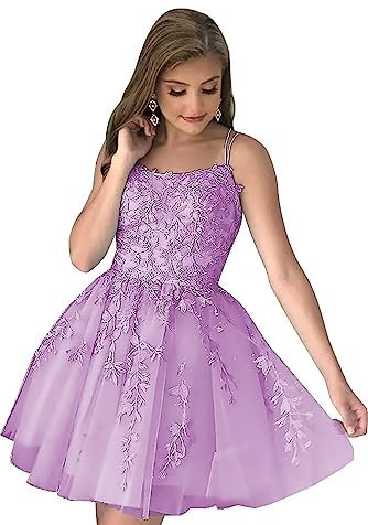 HYEC7 Tulle Homecoming Dresses for Teens Junior's Spaghetti Straps Short Prom Dresses Lace Applique Mini Party Dress Lilac