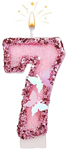 7cm Geburtstag Nummer Kerzen, Glitzernde Zahlenkerze Rosa Zahlenkerzen Kuchenaufsatz Schmetterlings-Geburtstagskerzen mit Pailletten für Jubiläumsfeiern (Nummer 7)