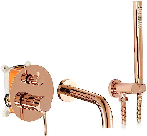 Rea Lungo Rose Gold RUBINETTO VASCA DA INCASSO + Box Miscelatore Vasca con Doccetta in Ottone per Bagno Caldo e Freddo Orientabile (Rose Gold)
