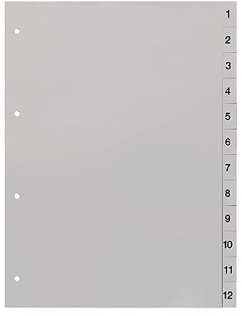 Ordnerregister 1-12, neutral, ohne Deckblatt, 12-teilig, DIN A4, PP, lichtgrau (3er Set)