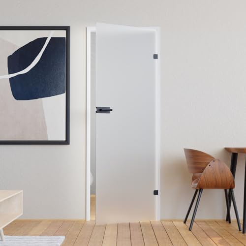 Glastür Komplettset mit Beschlag 709 x 1972 mm Milchglas weiß - Glastüren mit 8mm ESG satiniert - Innentür Glas mit Türgriff schwarz matt eckig Profilzylinder vorgerichtet DIN rechts