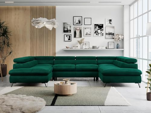 MKS MEBLE Sofa U-Form Grün, Wohnlandschaft U-Form, Sofa mit Schlaffunktion und Bettkasten, Schlafsofa mit Bettkasten, Couch mit Verstellbare Kopfstützen - Peter U - Grün Velvet Hydrophob