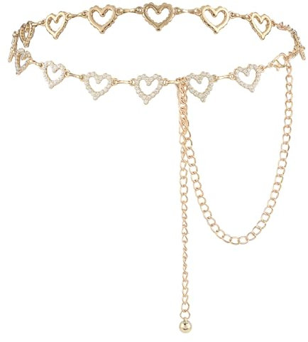 TIESOME Strass Damen Gürtel, Kristall Glitzer Gürtel Herz Taillenkette Gürtel für Frauen verstellbare Körperglieder Gürtel Metall Strass Körperbauchschmuck für Kleid (Gold)