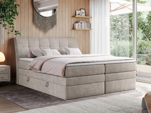 MKS MEBLE King Boxspringbett 180x200, Polsterbett 180x200 mit Bettkasten, Bett 180x200 mit Multipocket-Matratze H3, Boxspringbett 180x200 mit Kopfteil und Topper - H3 Beige Strukture - Gold-10