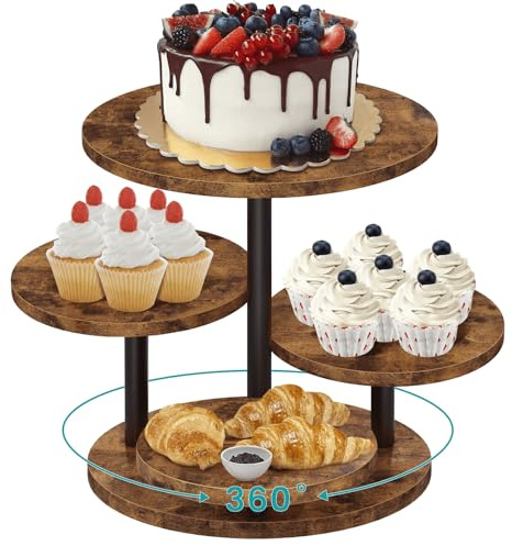 ELITEROO 4 Tier Round Cupcake Tower Stand for 50 Cupcakes, Wooden Rotatable Cake Stands with Tiered Tray, Farmhouse Wood Dessert Display Platter for Birthday Graduation Baby Shower Wedding Tea Party