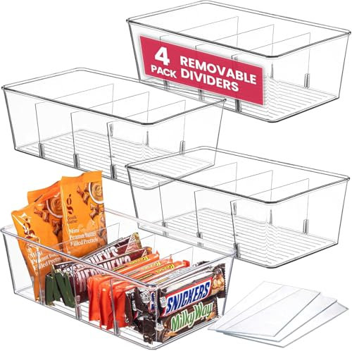 Oizeir Contenitori trasparenti per dispensa (4 pezzi) – Organizer per frigorifero con 3 divisori rimovibili – Organizzatori per dispensa da cucina e dispensa – Armadietto portaoggetti per snack