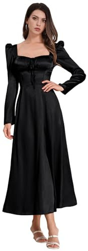 IBAKOM Women's Satin Corset Long Puff Sleeve Sweetheart Neckline Ruffle Maxi Dress - Elegant Cocktail Gown for Evening Events - Black L