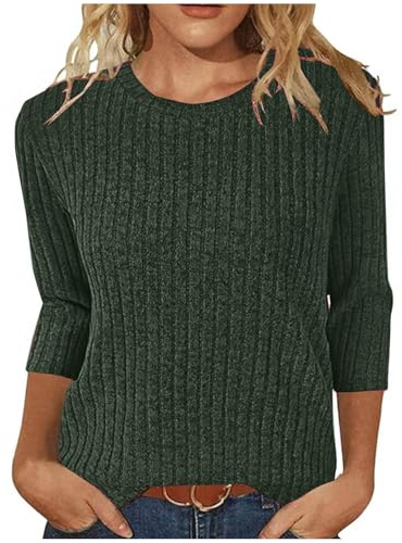 Zeiayuas Womens 3/4 Sleeve Tops Ribbed Knit Shirts Sweater Round Neck Sweatshirt Ladies Lightweight Jumpers Solid Color Casual Loose Tunic Tops Green