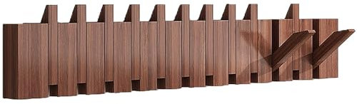 Gevvnss 12 Haken Garderobenhaken Holz aus Beech Wood,Garderobenleiste Holz für die Organisation von Mänteln,Hüten,Schlüsseln Taschen,Flip down Wand-Mounted Design(80cm,Nut Braun)