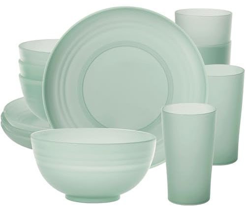 Greentainer Plastic Unbreakable Dinnerware Sets - Lightweight Dinner Set, 4 Dining Plates, 4 Bowls, 4 Cups, Microwave & Dishwasher Safe, Camping Tableware for Kids and Adults, Service for 4(Blue)