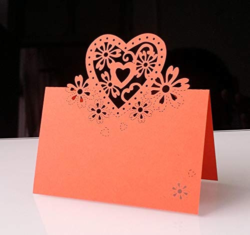 50 Stück Liebe Herz Laser Schnitt Namenskärtchen,Tischkarten Blanko,Platzkarte Klappkarten Platzkärtchen für Hochzeit Geburtstag Kommunion Taufe Party Festival Tischdekoration,9 x 12 cm,Orange