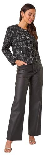 Roman Collarless Buttoned Boucle Jacket for Women UK - Ladies Autumn Everyday Winter Holiday Long Sleeve Soft Pocket Detail Comfy Fully Lined Dinner Date Jackets - Black - Size 20