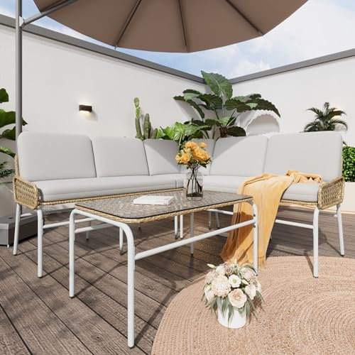 Oxtao Poly-Rattan-Garnitur, Gartengarnitur Sitzgruppe Sofa Lounge,Gartenlounge für 4-5 Personen, Lounge mit Ecksofa, gehärtetem GlasTisch & Auflagen,Aprikosengrau & Natural