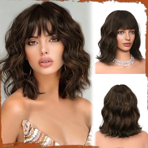 Sofeiyan Kurze Gewellte Bob Perücke mit Pony Damen 30 cm Braun mit Highlights Synthetische Perücke für Frauen Natürliche Lockige Perücke für Cosplay Alltag Party Halloween