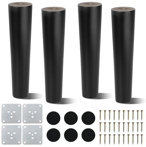 AWBEOT 4 Pcs Möbelfüße Holz Tischbeine 20 cm Möbelbeine Rund Massivholz Holzbeine für Möbel Schrankfüße Konisch Ersatz Sofafüße mit Montageplatten,Schrauben,Filzgleiter,für Bett,Ottomane,Stuhl,Schwarz