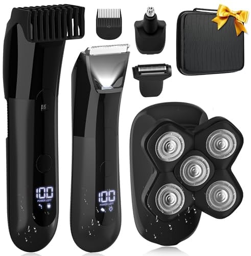 Karrte Manscape 5 in 1 Men's Grooming Kit, Beard Trimmer for Men, Groin & Body Hair Trimmer, Nose & Ear Hair Clippers, 5D Electric Razors, IPX7 Waterproof, LED Display with Travel Lock