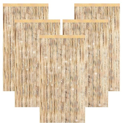 5 Pcs Gold Tinsel Curtains 3.2ft x 6.5ft Champagne Gold Foil Curtain Streamers Metallic Foil Curtains Party Decorations Hanging Foil Flow Silk Streamers for Birthday Wedding Holiday Party