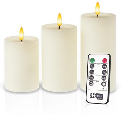 Meisterhome® LED-Kerzen 3er-Set Elfenbein – Flammenlos - mit flackernder Flamme – Rustik Design – Stumpenkerzen mit Fernbedienung & Timer – Batteriebetrieben – Warmweiß – Ø7.5 x 10/12,5/15 cm Hoch