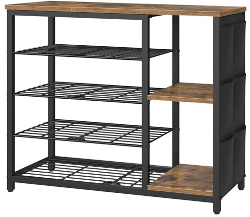 YATINEY Industrial 5-Tier Shoe Rack with Side Oxford Bag, Wooden Surface & Metal Mesh Shelves, Entryway Shoe Storage Organizer for Small Spaces, Entryway, Hallway, Rustic Brown and Black XSS84BR