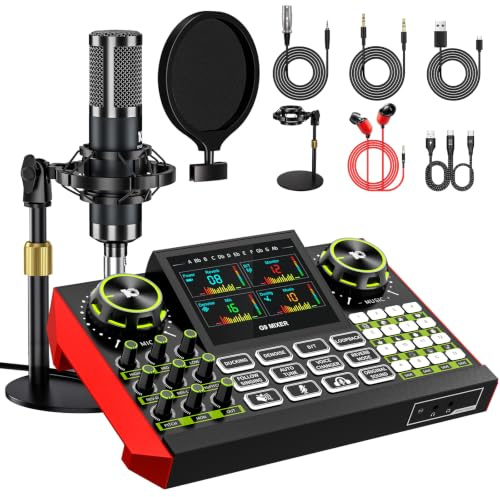 TENLAMP G9 Podcast Equipment, Audio Interface with Soundboard Effects, 3.5mm Condenser Mic Bundle, Desk Stand, Reverb Control, Voice Changer, Denoise, Monitoring, for PC, Phone, Gaming, Streaming