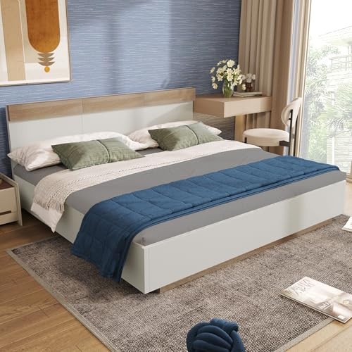 BXEYXE Doppelbett Holzbett Schwebebett mit Kopfteil aus Bettgestell &Lattenrost-205x184x90.5 cm(T/B/H) Set in Eiche Sonoma/Weiß(Ohne Matratze)