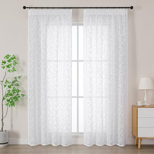 Simplebrand White Textured Sheer Curtains 2 Panels W140 x L200cm, Leaf Clip Jacquard Voile Curtains, Pencil Pleat Semi-Sheer Window Drapes for Living Room Patio Doors Home Decor