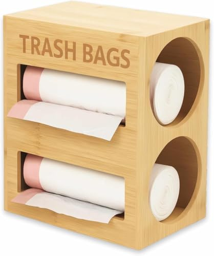 PRADICHI Bamboo Trash Bag Dispenser - Garbage Bag Roll Holder & Organizer with Handle - Kitchen Countertop, Under Sink, or Wall Mount Waste Bag Storage Container (Natural (2 Tier)