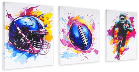 YunBey 3er Set American Football Wandbild – Aquarell Deko | 3 American Football-Drucke mit Holzrahmen, Aquarell, 40x30 cm. Deko für Jungen & Männerhöhle. Fan-Geschenk.