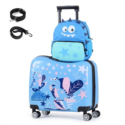 HOMFME 2PCS Kids Luggage Set, 46cm Children Ride on Suitcase (Blue, Dinosaur)