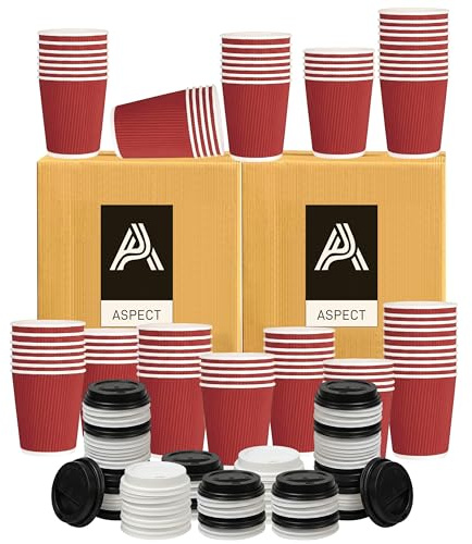 Aspect Coffee Cups with lids, 100 x 8oz Triple Wall Ripple Kraft Paper for Hot & Cold Drinks(Red)