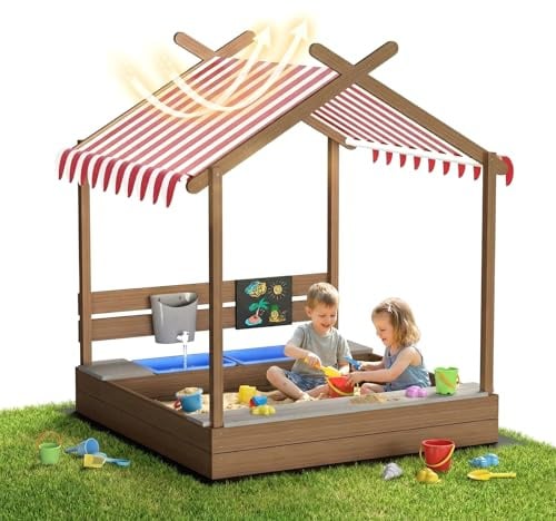 MAMIZO Grande Sabbiere da Esterno per Bambini 3-10 anni, Sandbox in Legno con Tetto, Recinto di Sabbia con Lavagna, Rubinetto, 2 Bacinella, Giardini Playhouse per Spiagge, Balconi, 113x116x142 CM