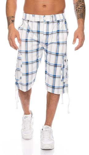 Kendindza Homme 3/4 Cargo Pantalon Pantacourt Short de Bermuda Court Vetement Regular Ceinture Carreaux avec Poche d'été Grande Taille Coton (Blanc 302, L)
