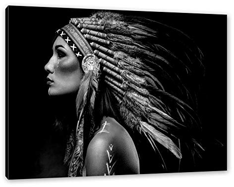 Pixxprint Frau mit Buntem indianischen Kopfschmuck, Monochrome, Größe: 120x80cm, Leinwandbild, fertig gespannt, Wandbild, Dekoration, Kunstdruck, kein Poster