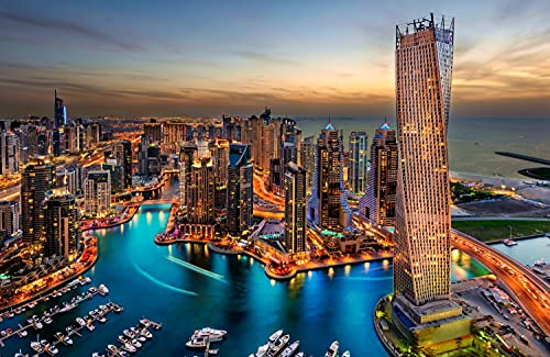 VLIES Fototapete-250x186 cm-STÄDTE-(PF4846)-Stadt Dubai Nacht Skyline Panorama GEBÄUDE Wandbild Wandtattoo Poster Dekoration