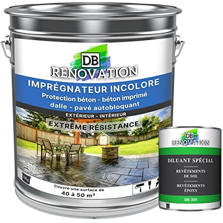 DB Rénovation Vernis de protection sol béton, pierre pour Terrasse, façade - Imperméabilisant, Hydrofuge, Anti-tâche - Incolore 5 KG + 1L Diluant